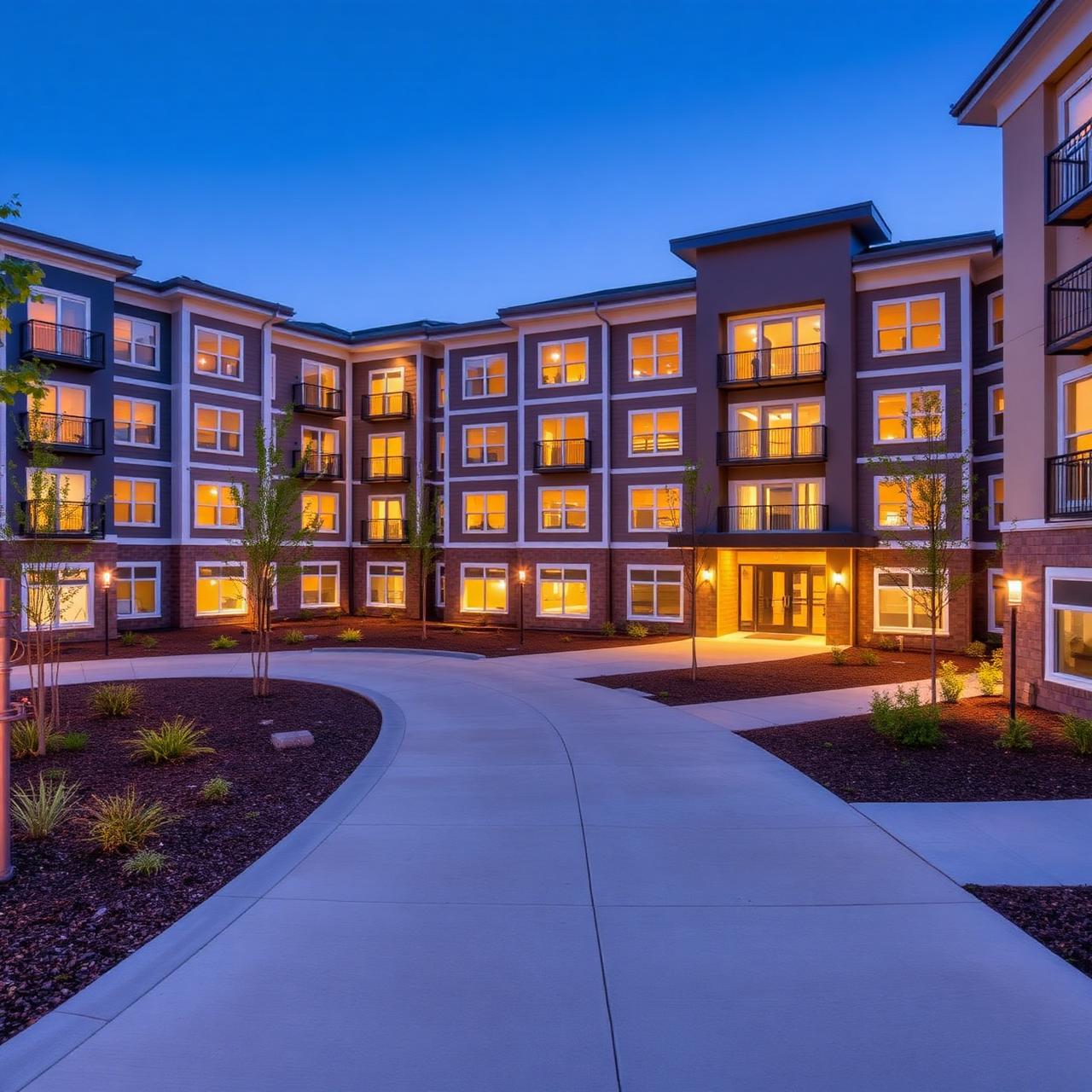 A clean, modern apartment community at dusk