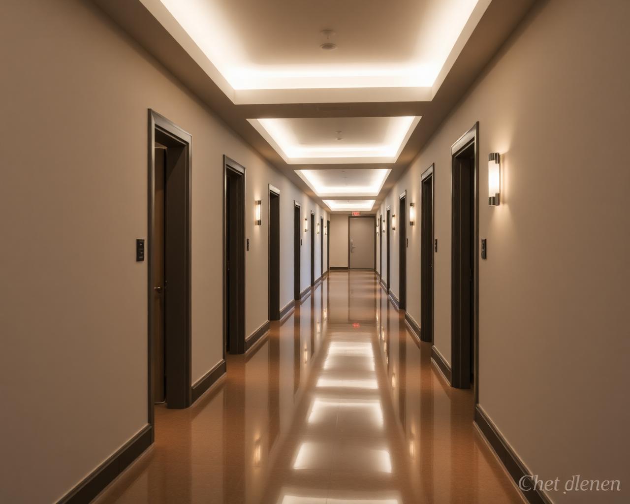 A clean, well-lit apartment corridor at evening