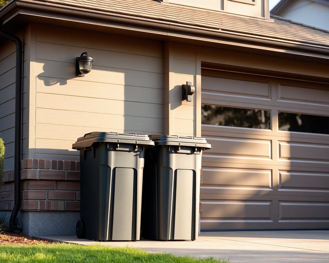 Two clean trash cans next to a residential garage